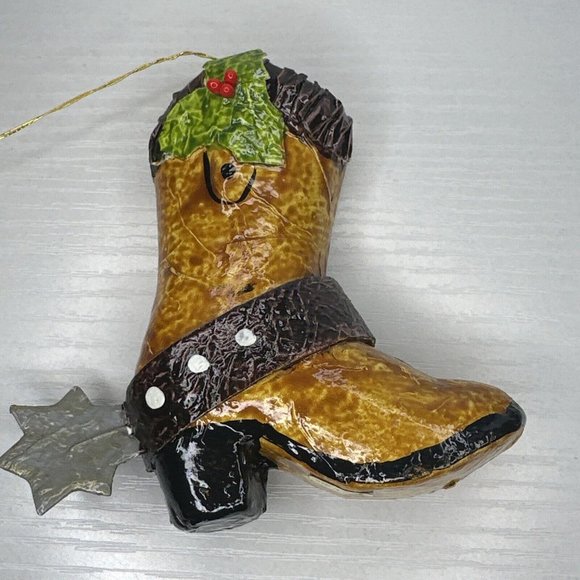 Paper Mache Cowboy Boot With Spur & Holly - Picture 4 of 5
